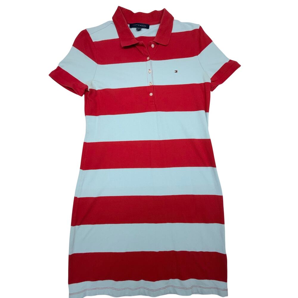 Tommy Hilfiger Women’s Medium Red Blue Striped Polo Shirt Dress Short Sleeve